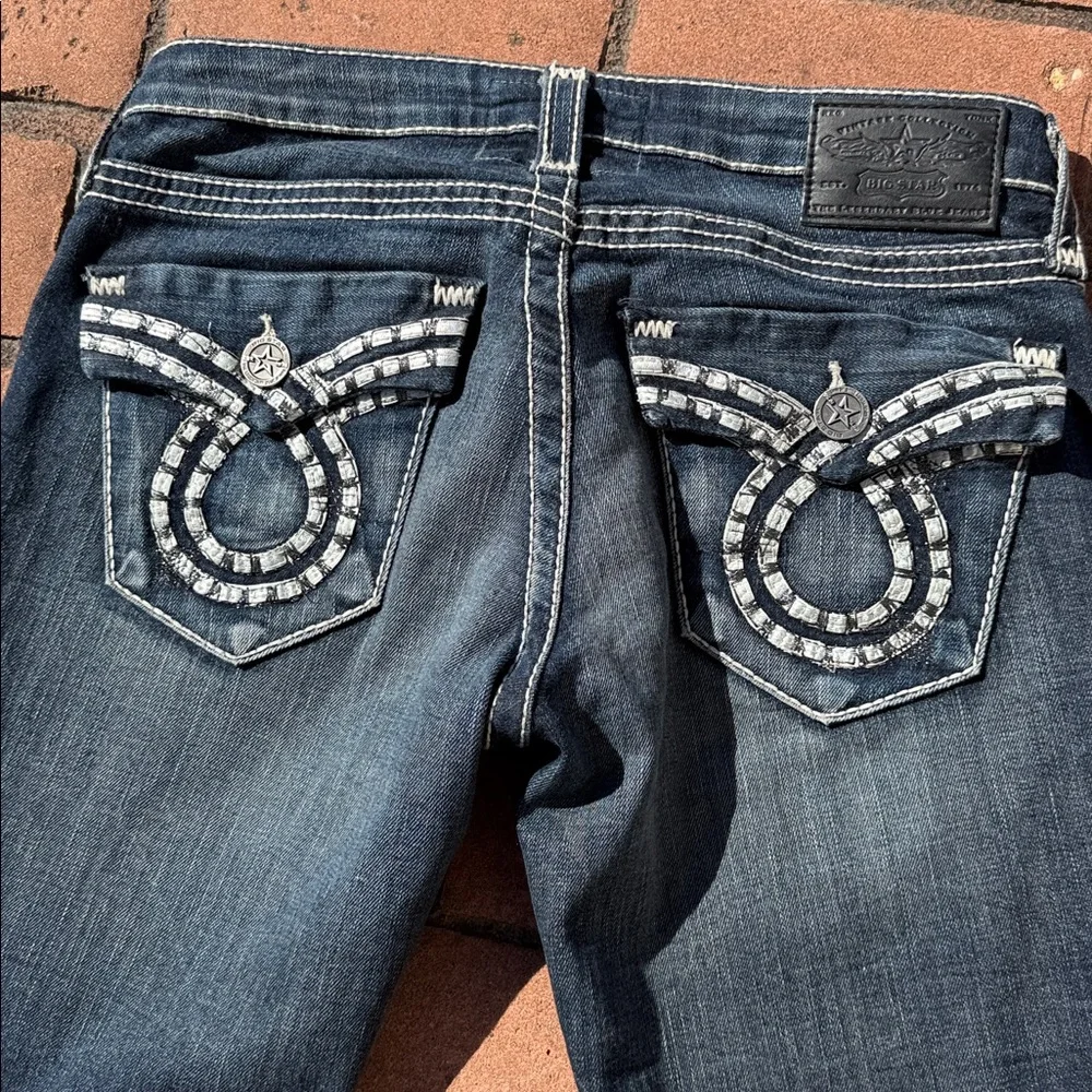 Big Star Liv Boot Jeans 28R Dark Wash Thick Stitch Embroidered Low Rise Stretch